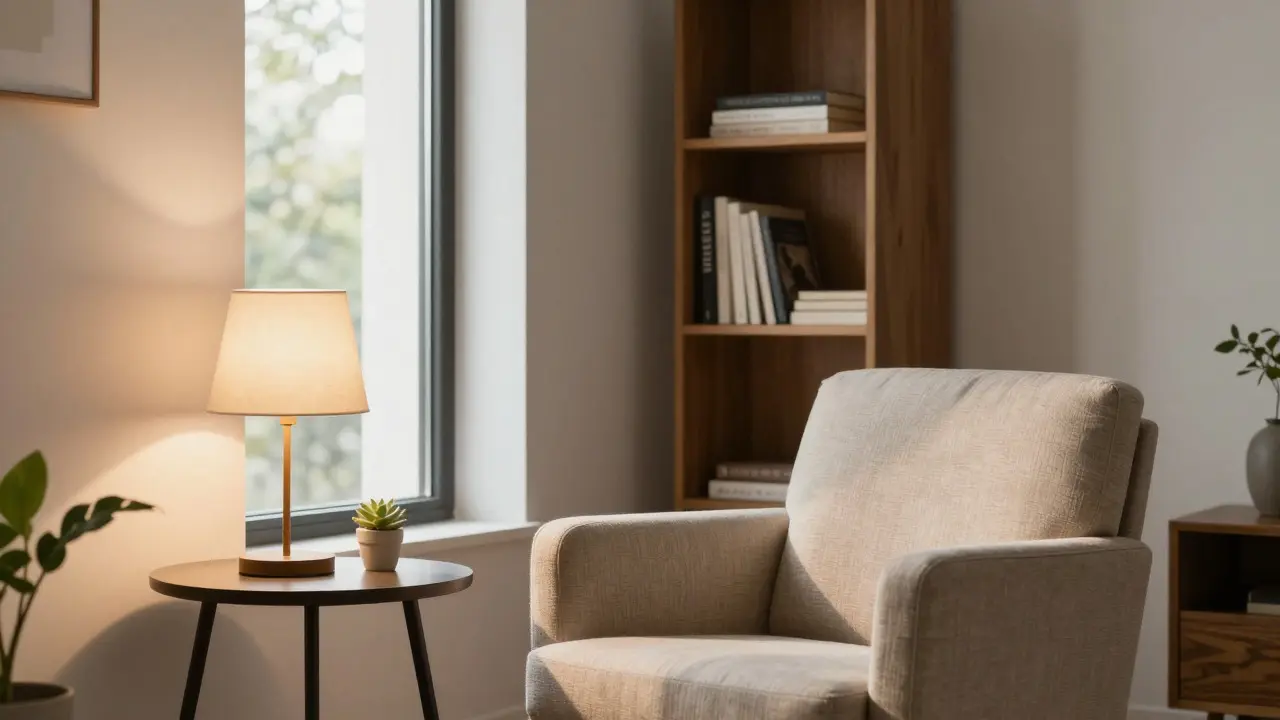Armchair near window with layered lighting and uncluttered side table