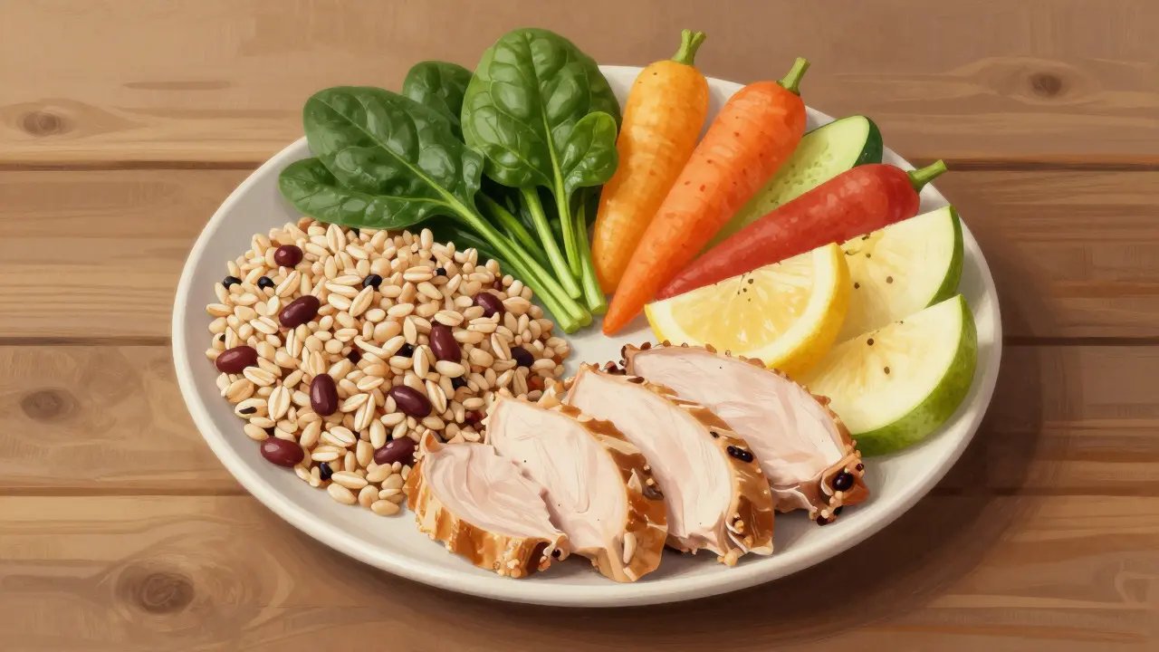 Artistic arrangement of healthy food groups representing a balanced meal plan