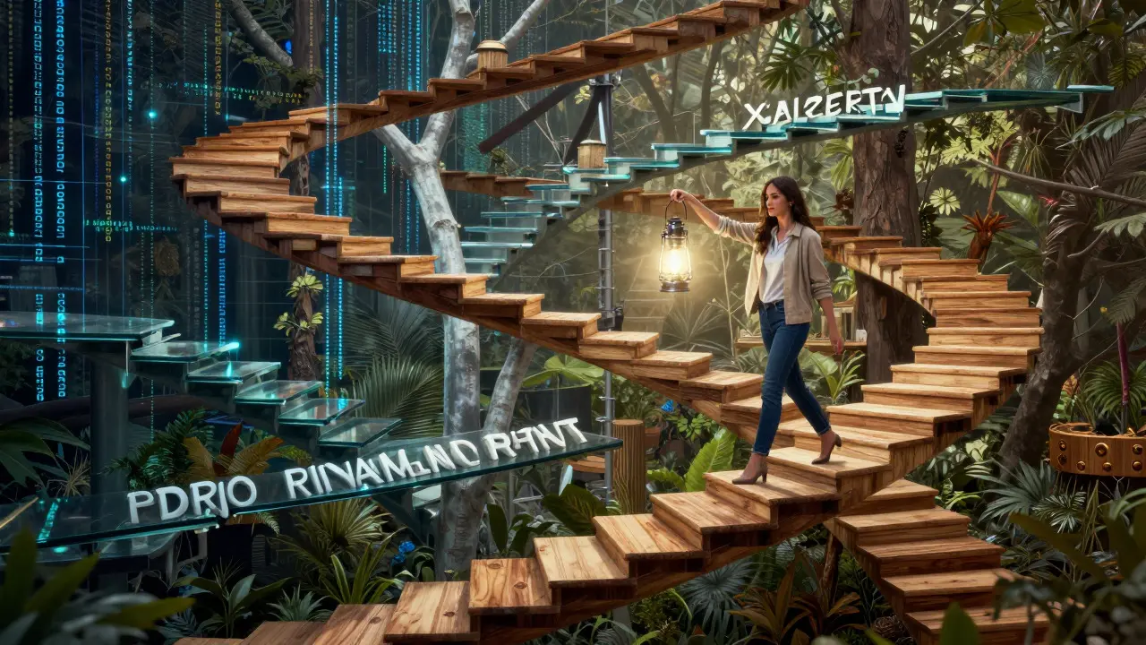 Artistic depiction of a woman choosing a unique, branching career path