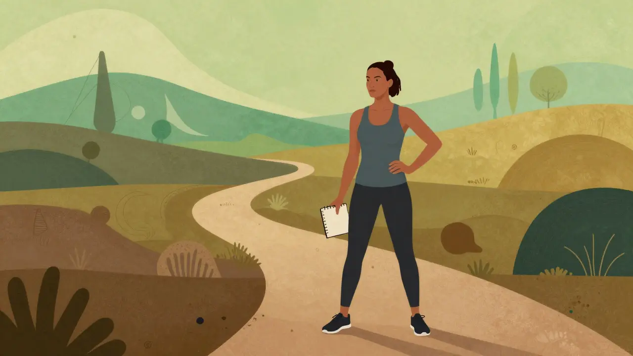 Artistic illustration of a woman walking a path with a journal, symbolizing recovery