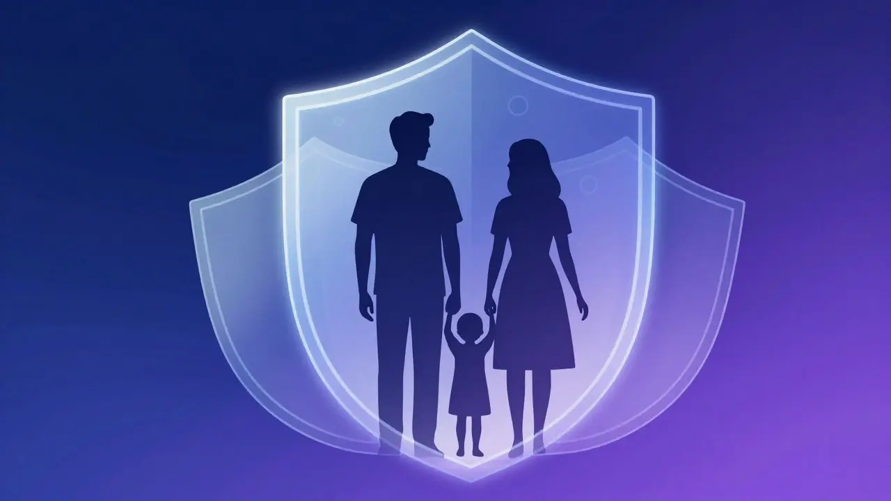 Artistic illustration of parents protecting a child with glowing shields