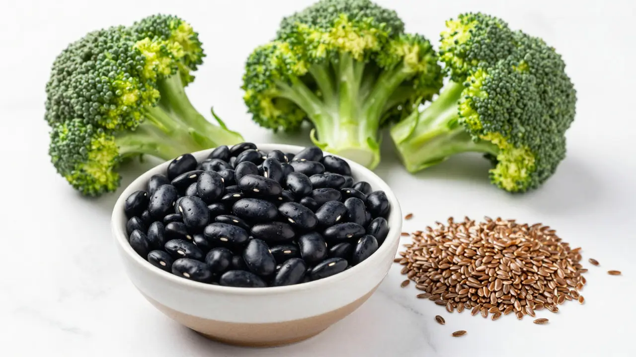 Assortment of black beans, lentils, broccoli, and flaxseeds on a white surface