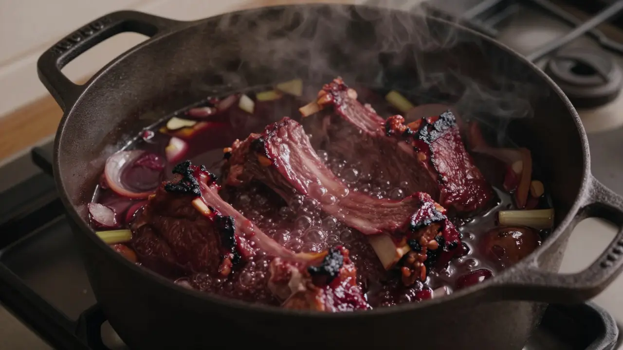 Beef short ribs braising in a Dutch oven with wine and aromatics