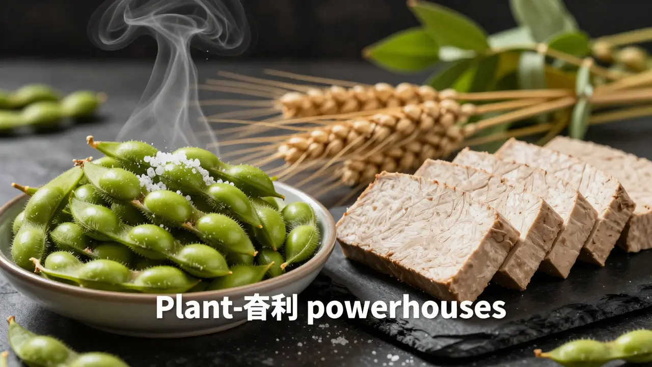 Bowl of steamed edamame and sliced seitan arranged on a dark slate board