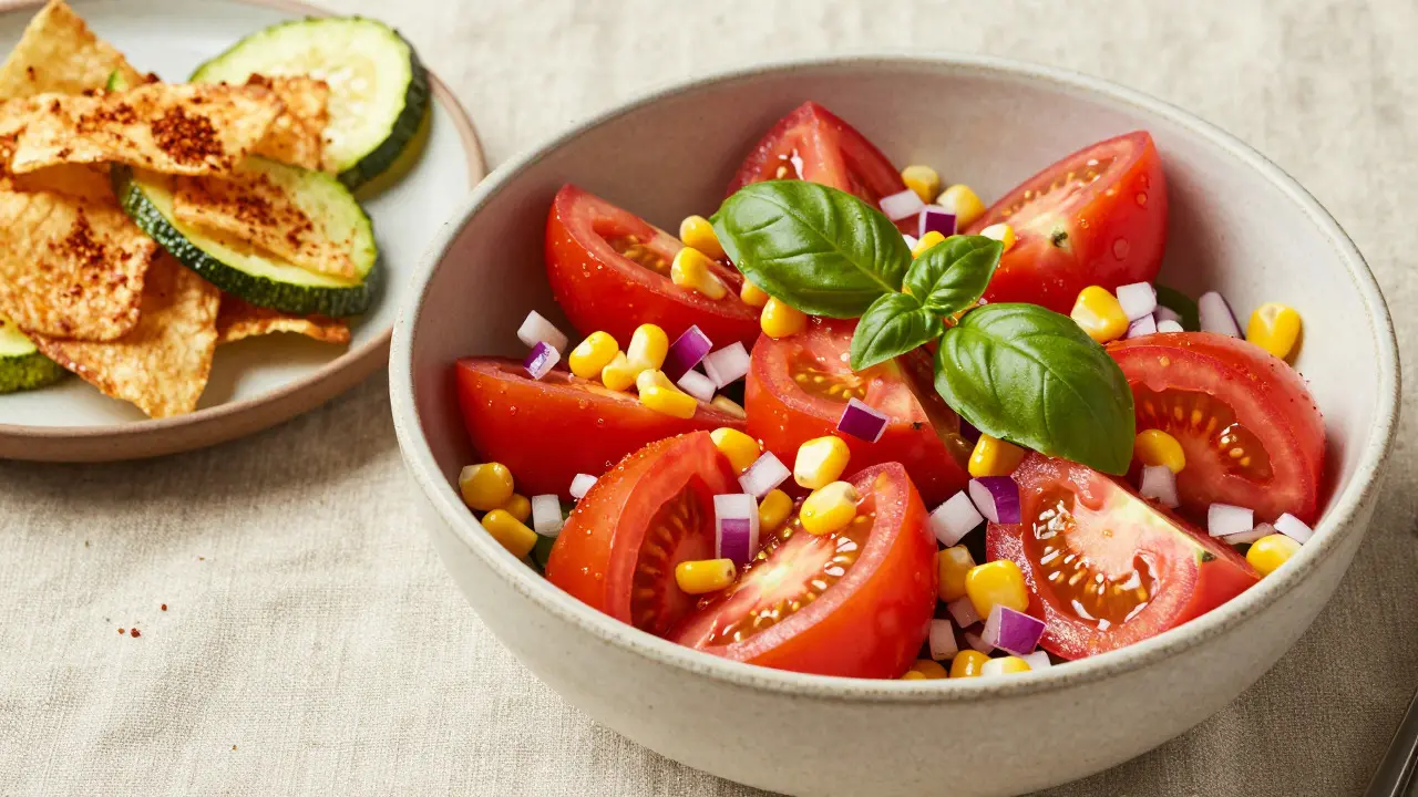 Bowl of tomato and corn salad served with crispy zucchini chips