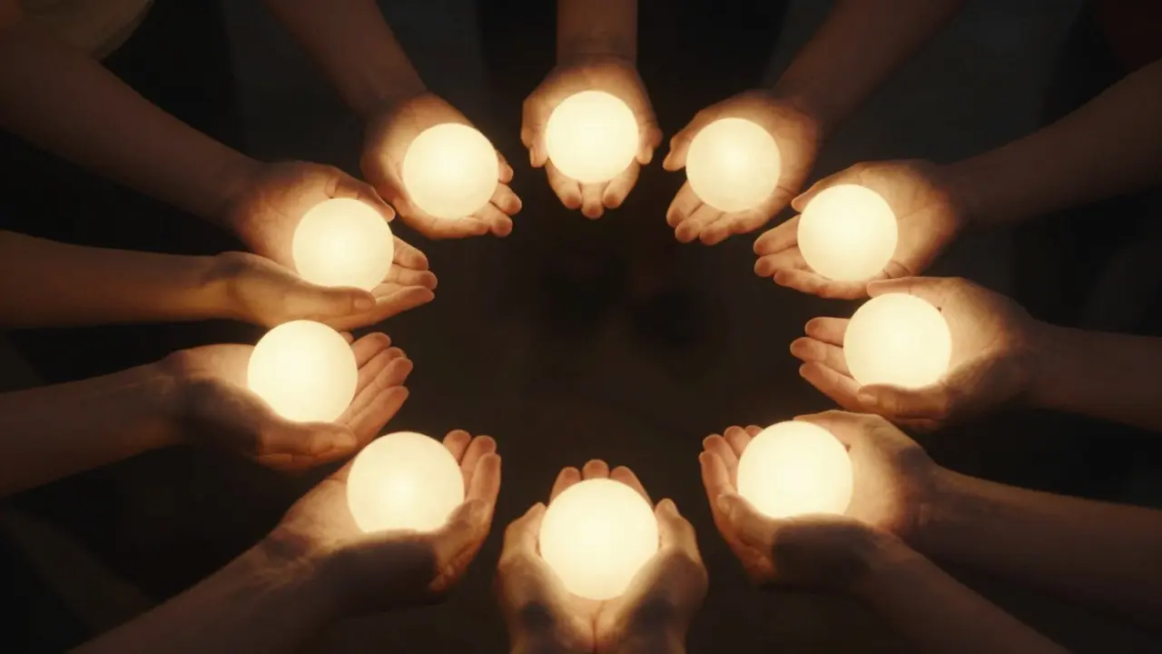 Circle of hands holding glowing orbs of light symbolizing community support