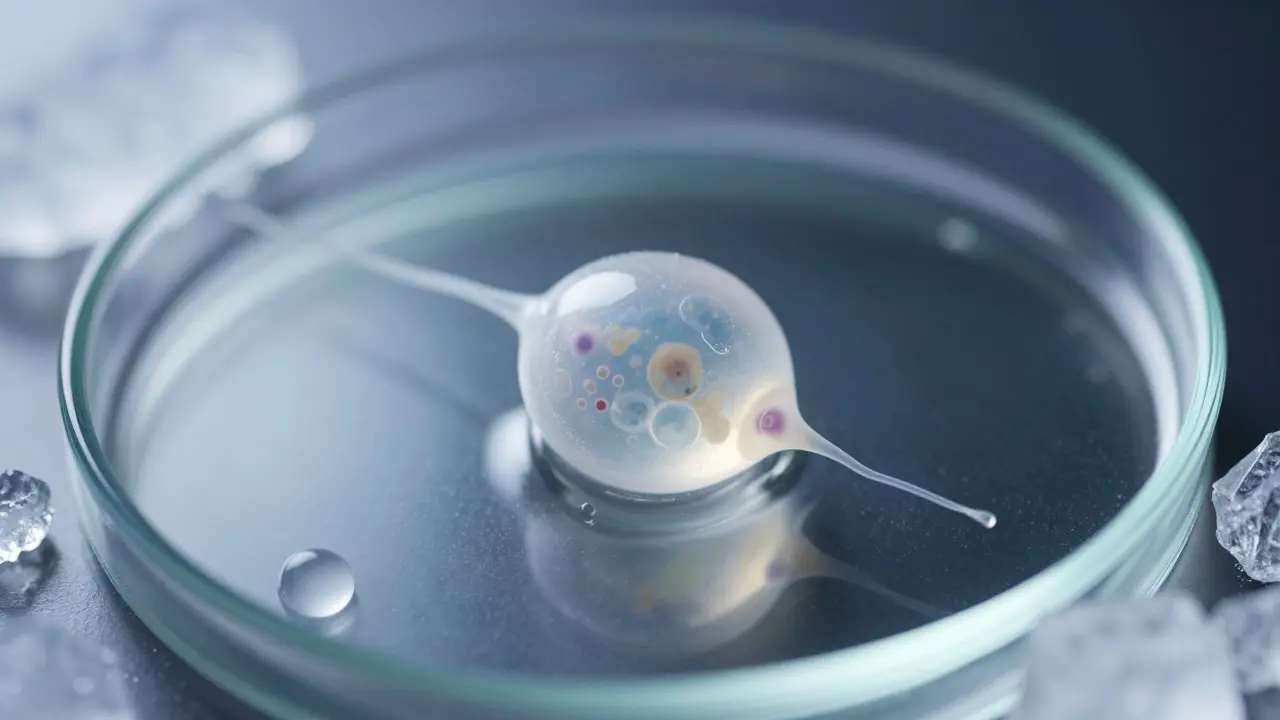 Close-up of a frozen egg cell representing fertility preservation technology