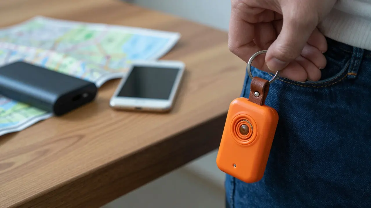 Close-up of a hand holding a personal safety alarm near a phone and power bank