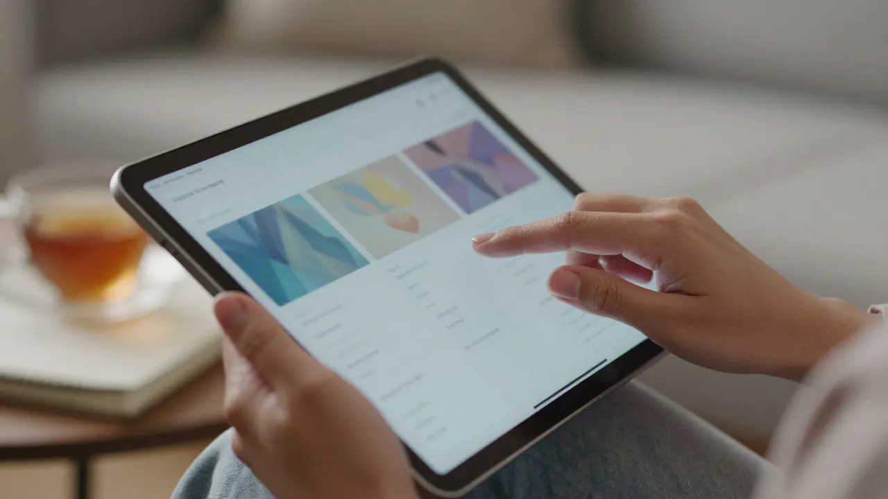Close-up of a woman's hands using a tablet to manage her investments