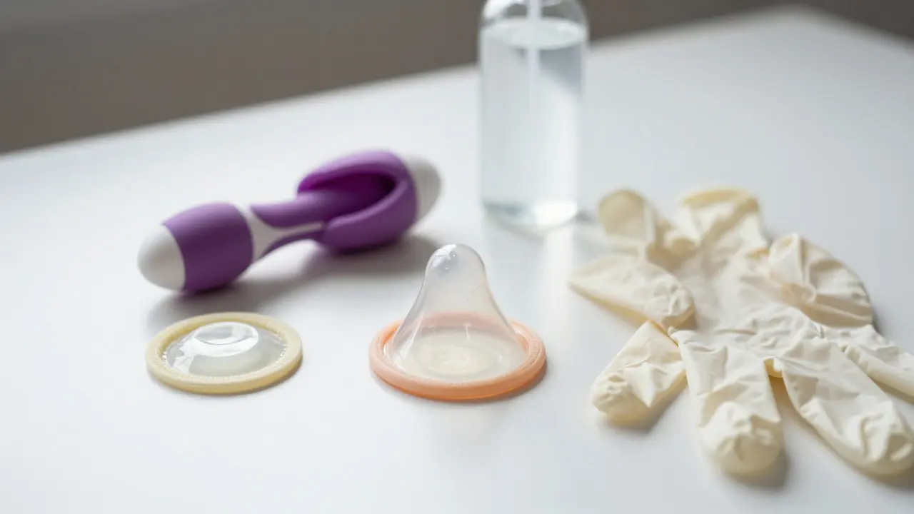 Close-up of dental dams, condoms, and lubricant arranged on a clean white surface
