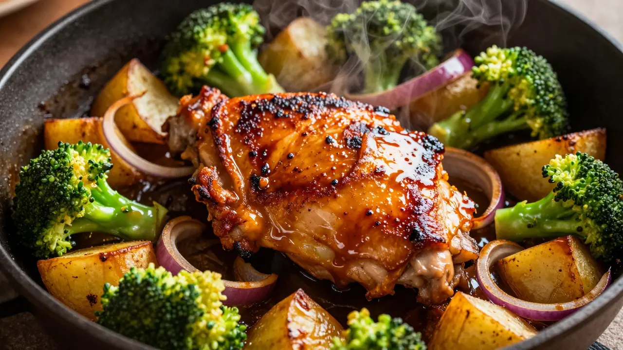 Close-up of glazed roasted salmon and vegetables on a sheet pan