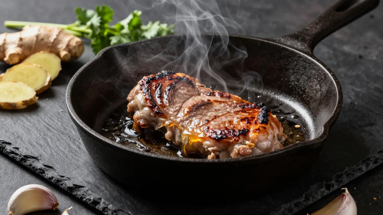 Close-up of protein searing in a hot skillet with aromatic ingredients nearby