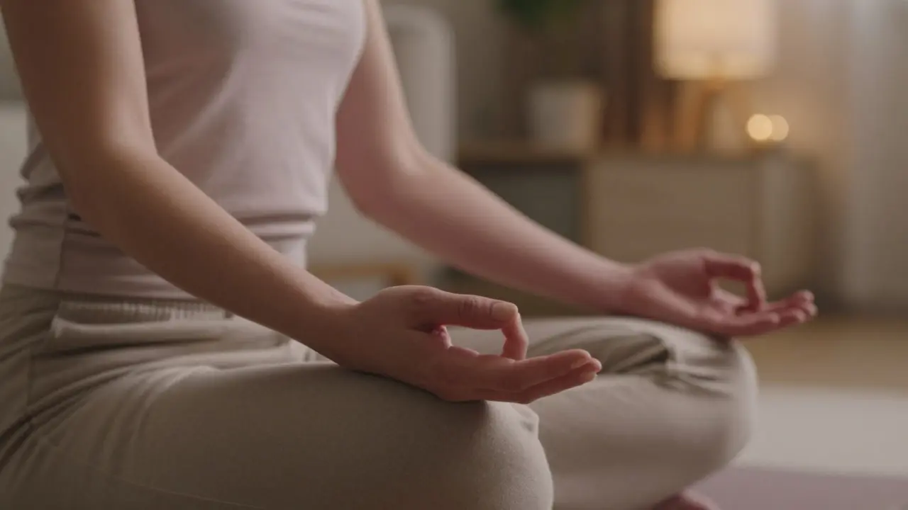 Close-up of relaxed hands during evening meditation at home