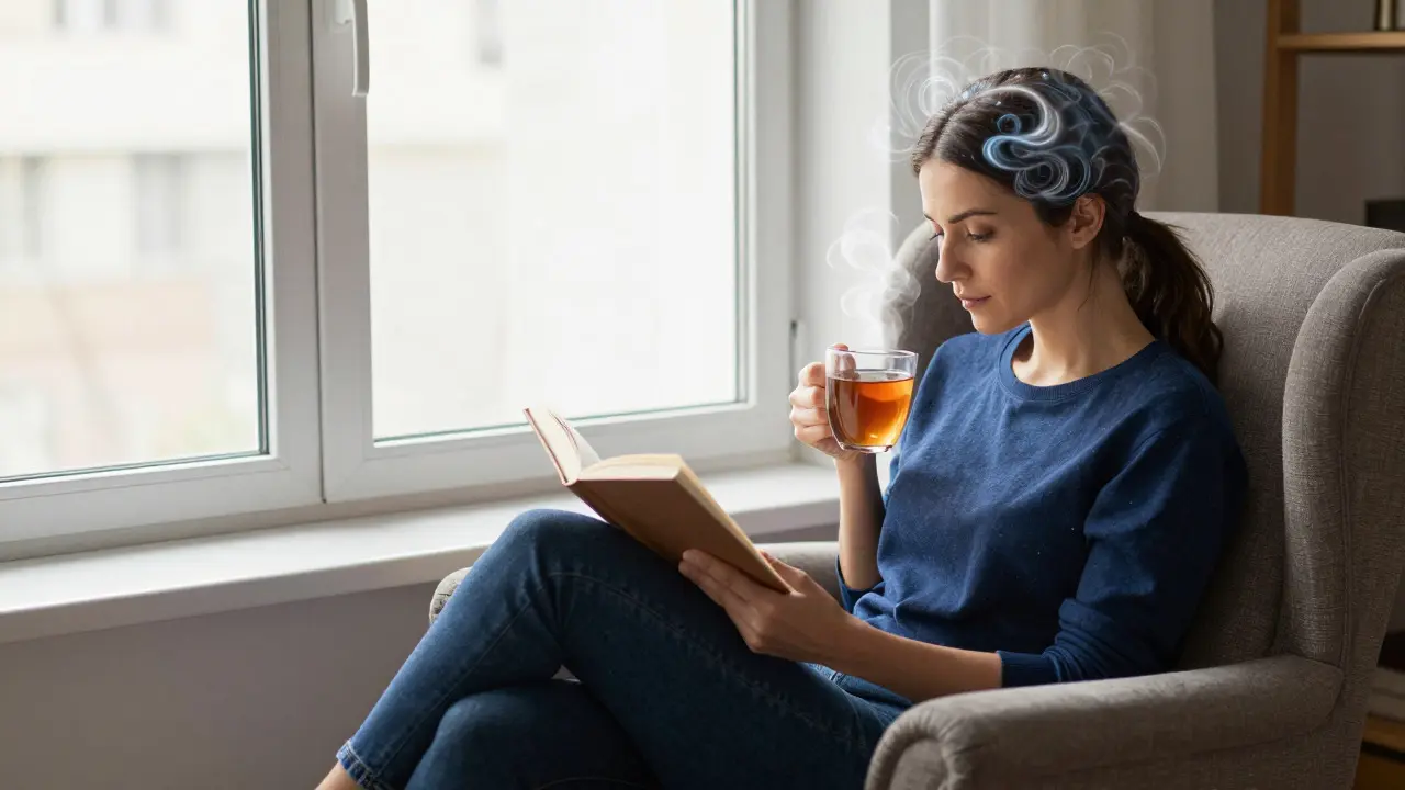Collage of a woman reading and sipping tea by a window