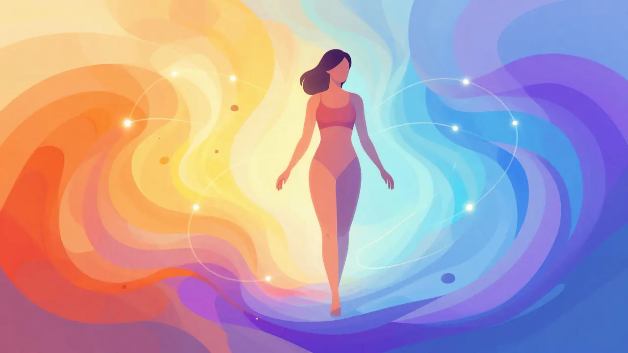 Conceptual art of a woman surrounded by shifting energy colors