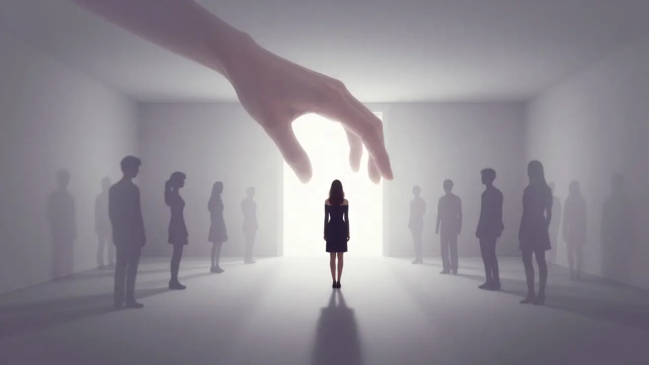 Conceptual art of isolated woman surrounded by fading friends