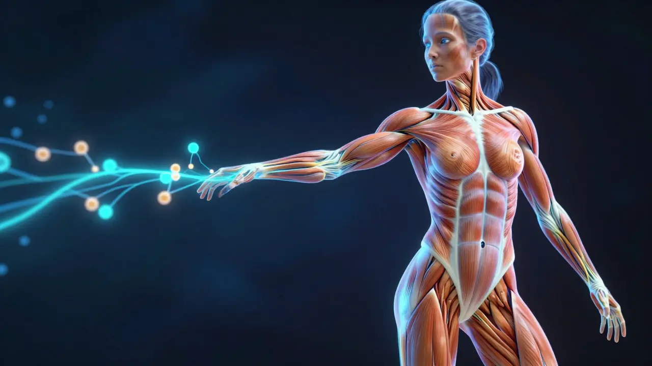 Conceptual art showing glowing amino acids flowing through a female athlete's muscles, illustrating protein synthesis.