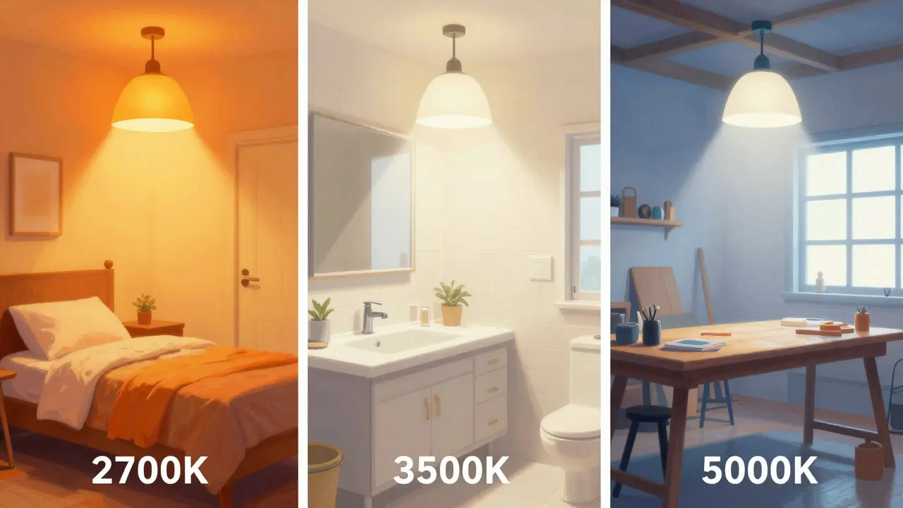 Conceptual illustration comparing warm, neutral, and cool lighting temperatures in different rooms