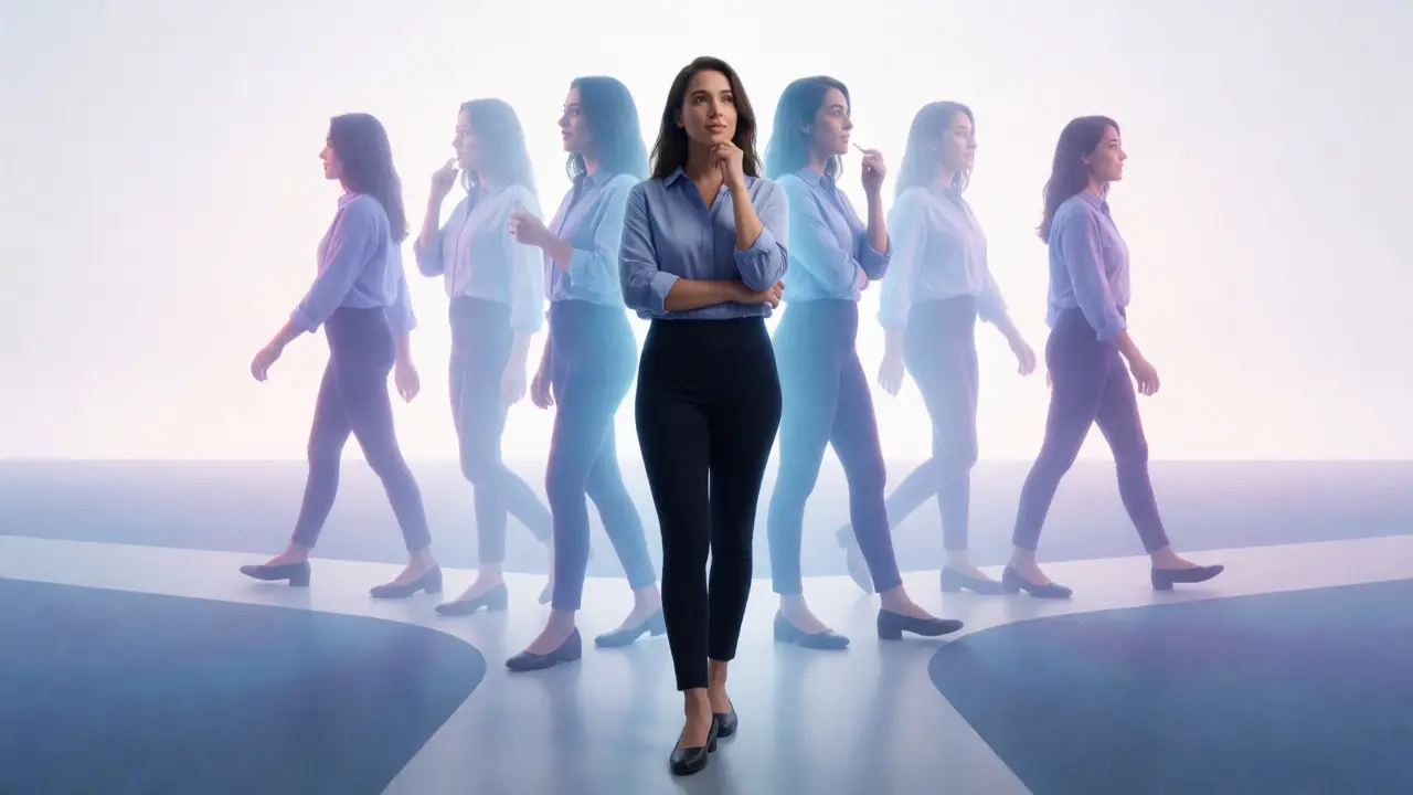 Conceptual image of a woman choosing paths in interactive stories