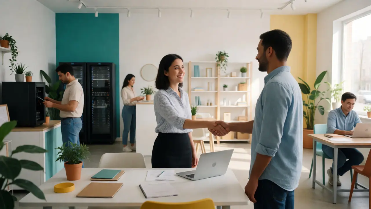 Confident female business owner shaking hands in safe workspace