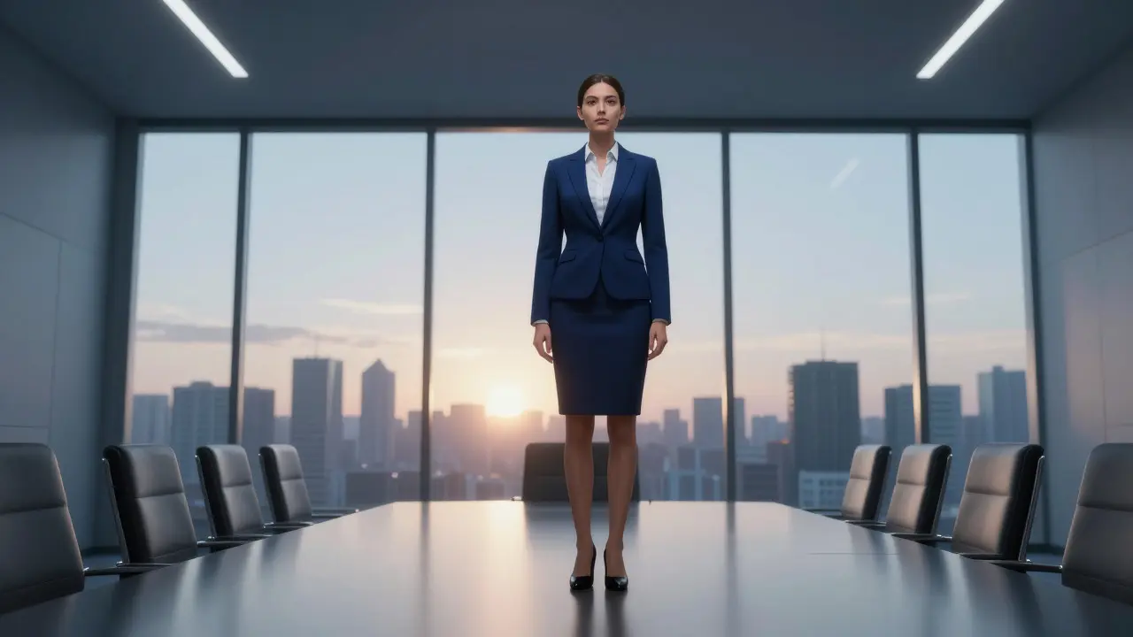 Confident female executive standing in a modern boardroom with a city view behind her
