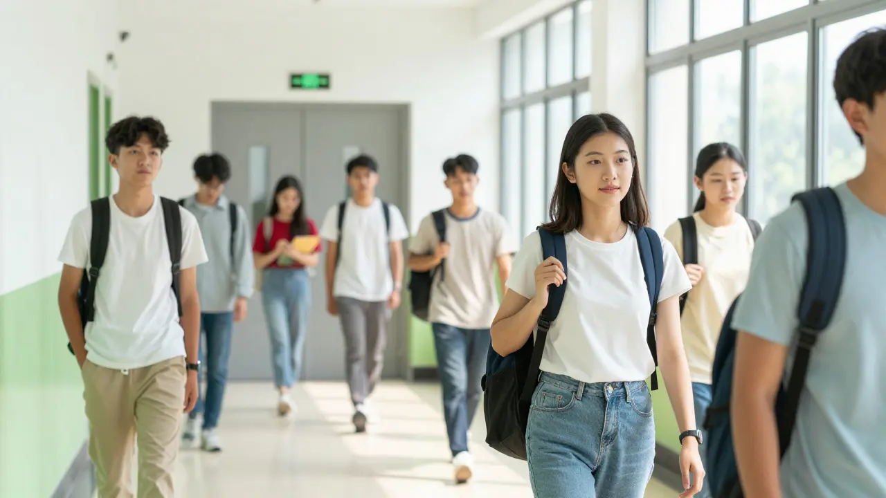Confident student walking past an open, clean school restroom