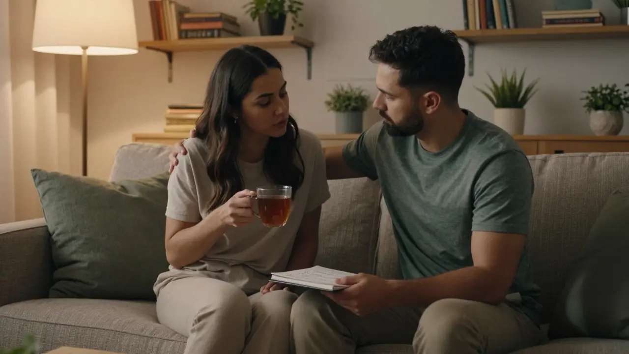 Couple discussing fertility plans together in a cozy living room