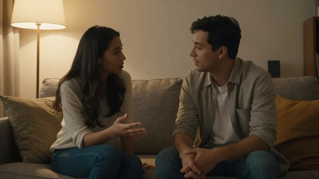 Couple having a calm and respectful conversation on a sofa