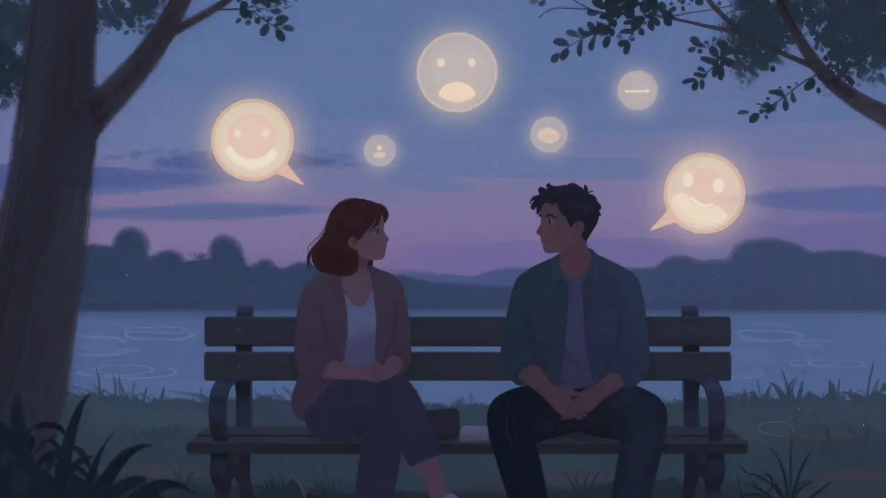 Couple having a calm discussion on a bench at dusk, analyzing their recent visit