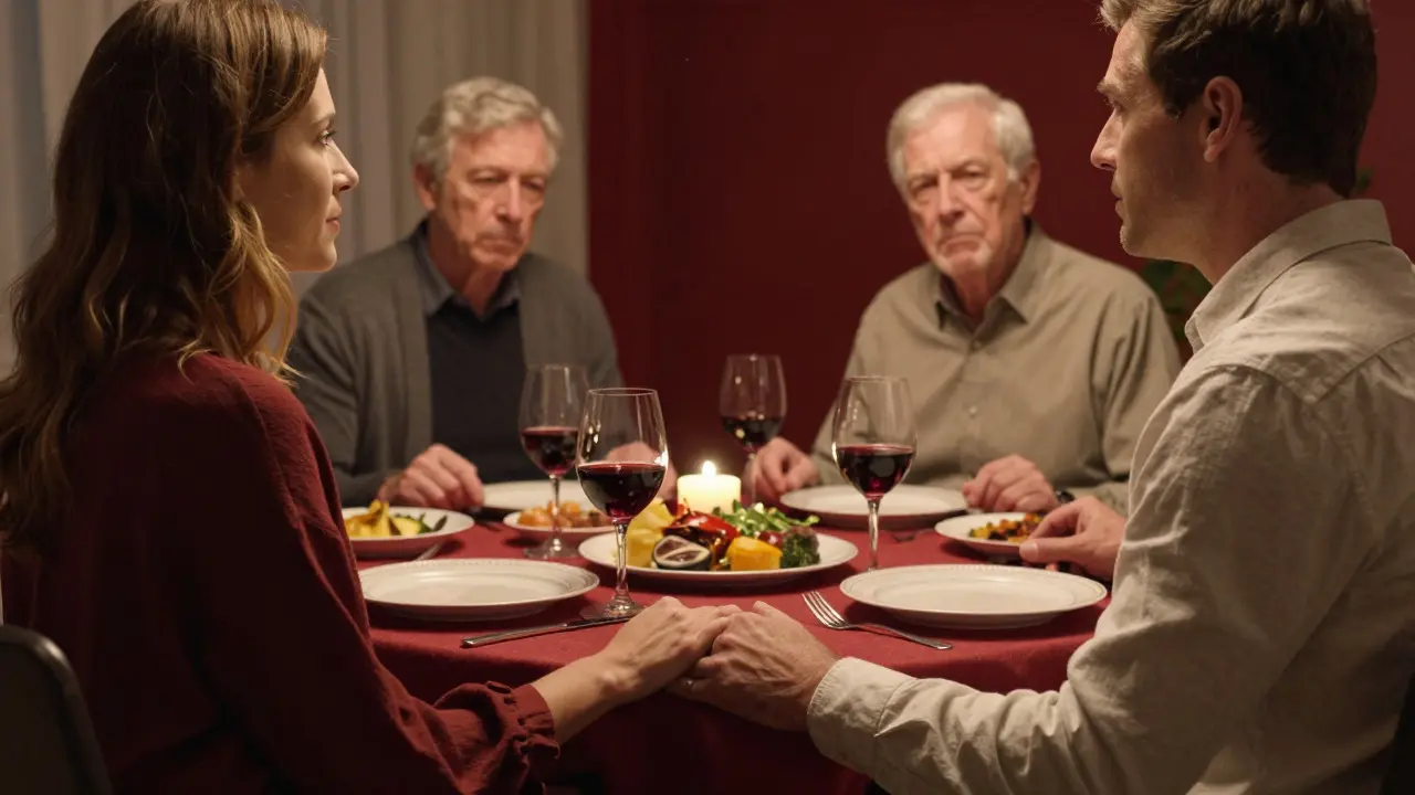 Couple sitting at a dinner table while older family members watch them closely
