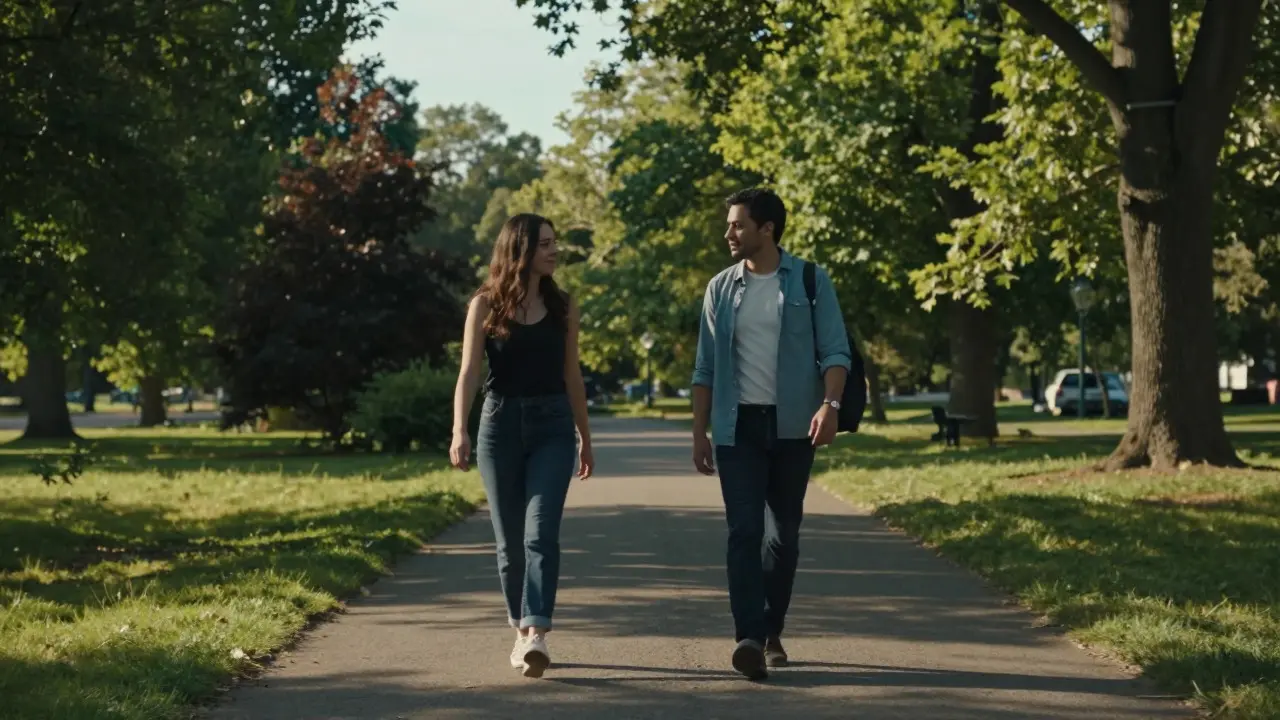Couple walking together on a quiet park path