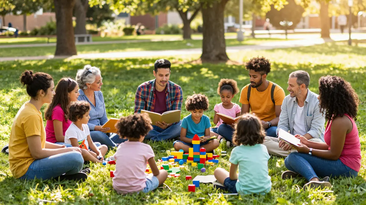 Diverse group of parents and children playing together in a sunny park