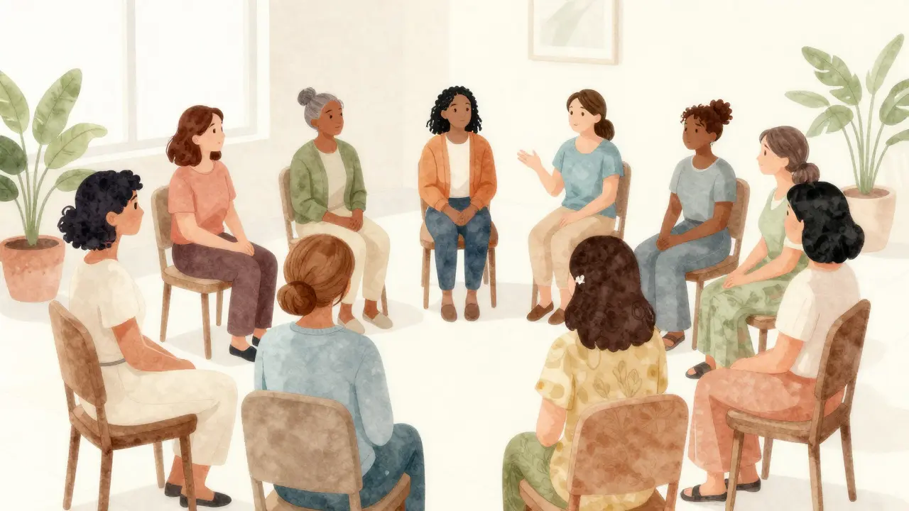 Diverse group of women in a supportive circle at a workshop