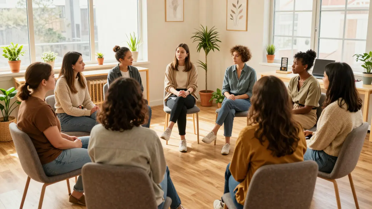 Diverse group of women sitting in a circle during a support session