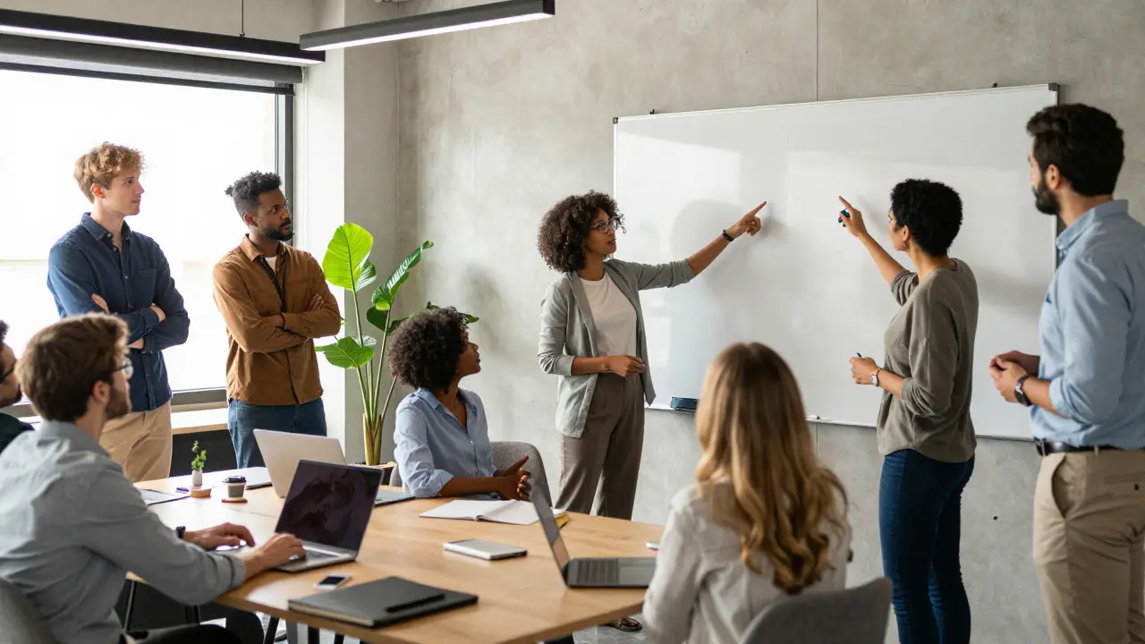 Diverse team collaborating around a whiteboard in a modern open-plan workspace