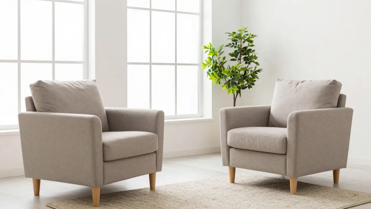 Empty, sunlit therapy office with two comfortable chairs facing each other