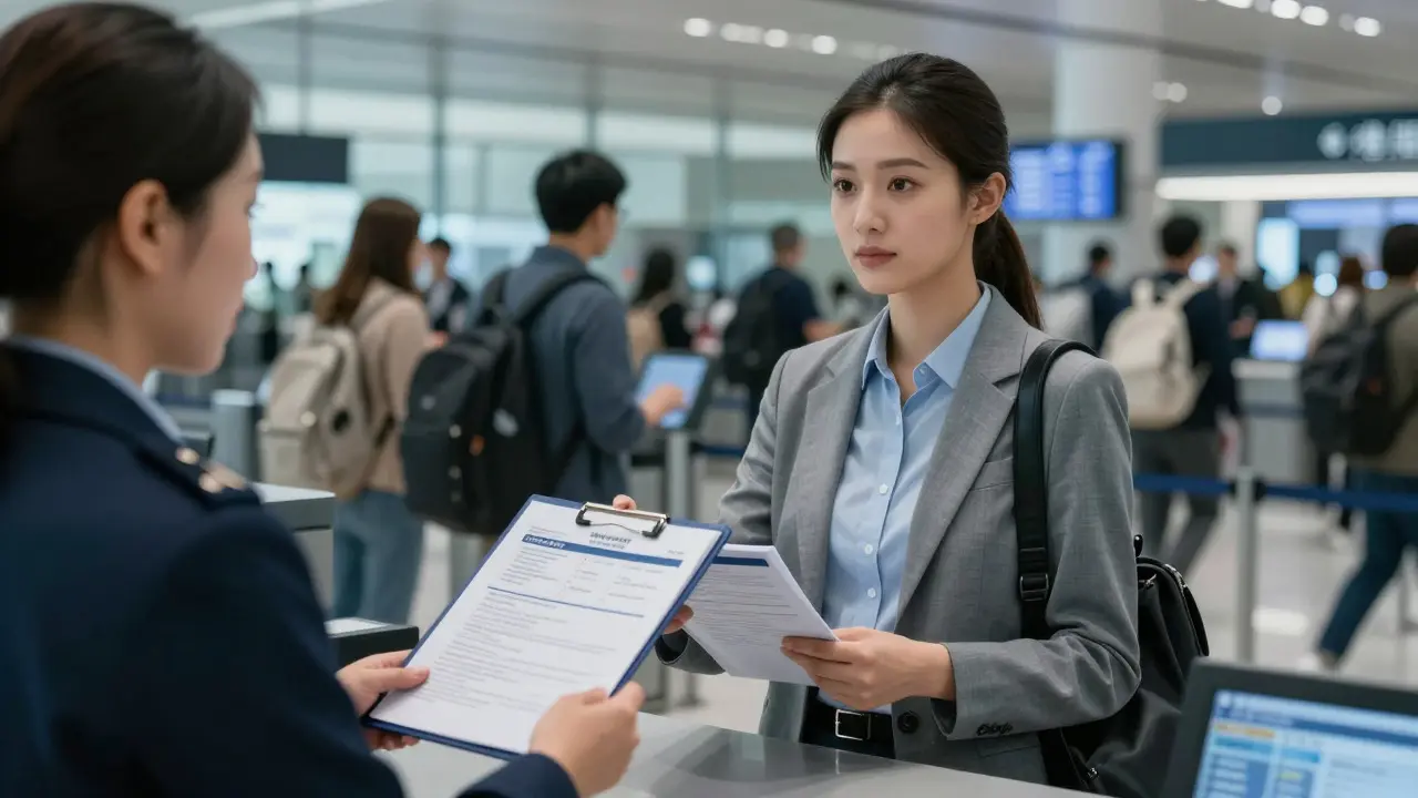 Female traveler presenting documents at an airport immigration counter