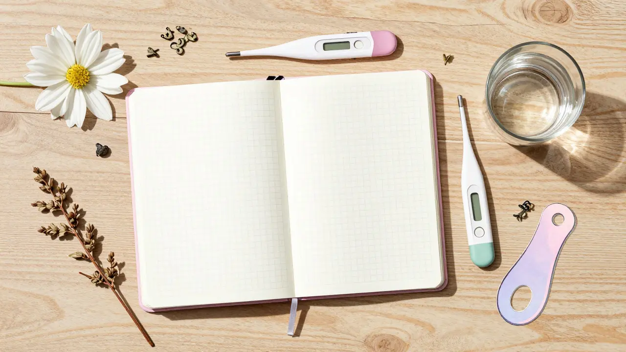 Flat lay of a journal, thermometer, and flowers on a wooden desk