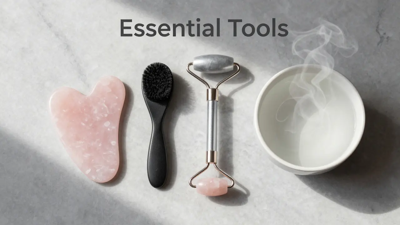 Flat lay of gua sha stone, cleansing brush, and ice roller on marble