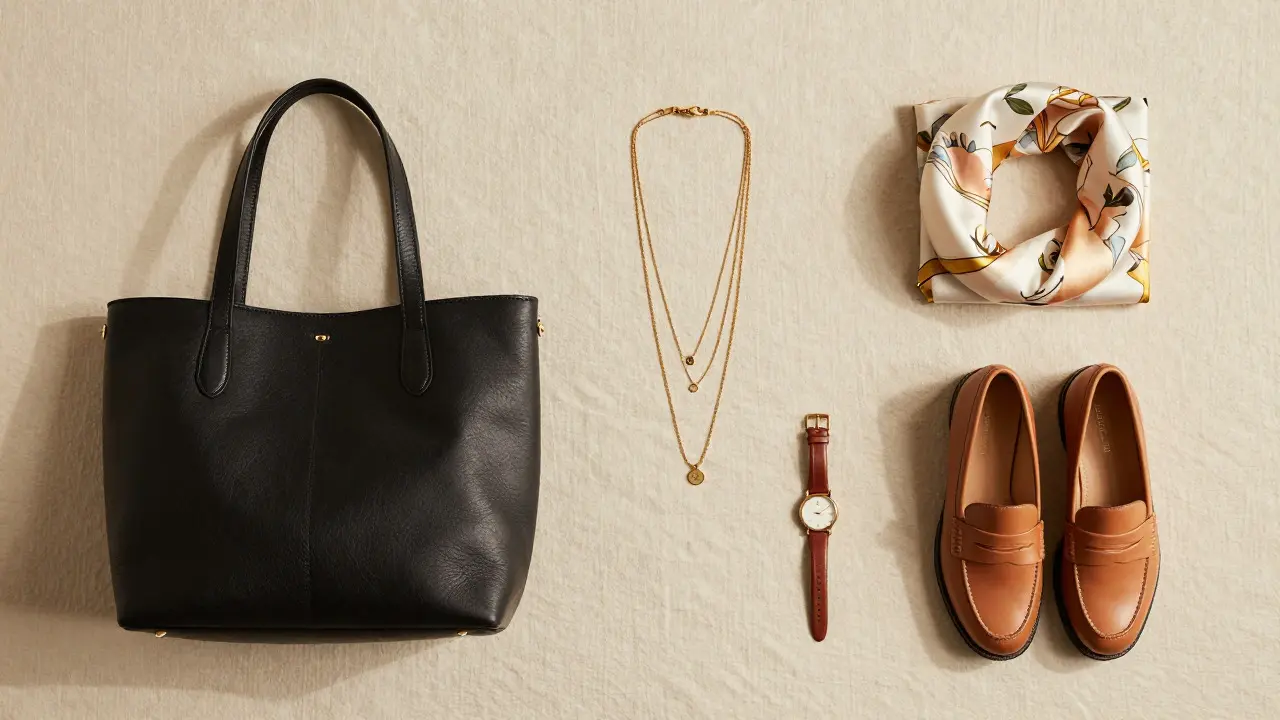 Flat lay of leather shoes, gold jewelry, and a silk scarf