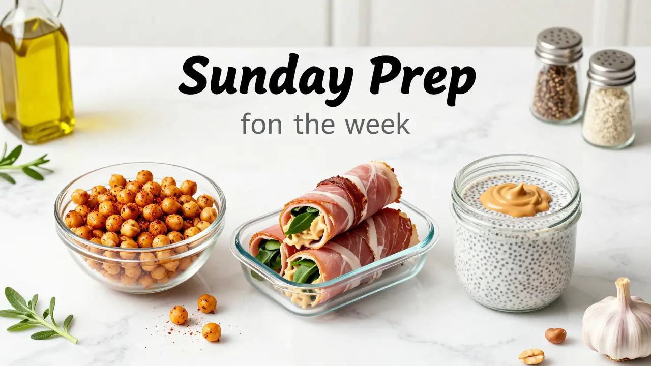 Flat lay of roasted chickpeas, turkey roll-ups, and chia pudding jars on a kitchen counter