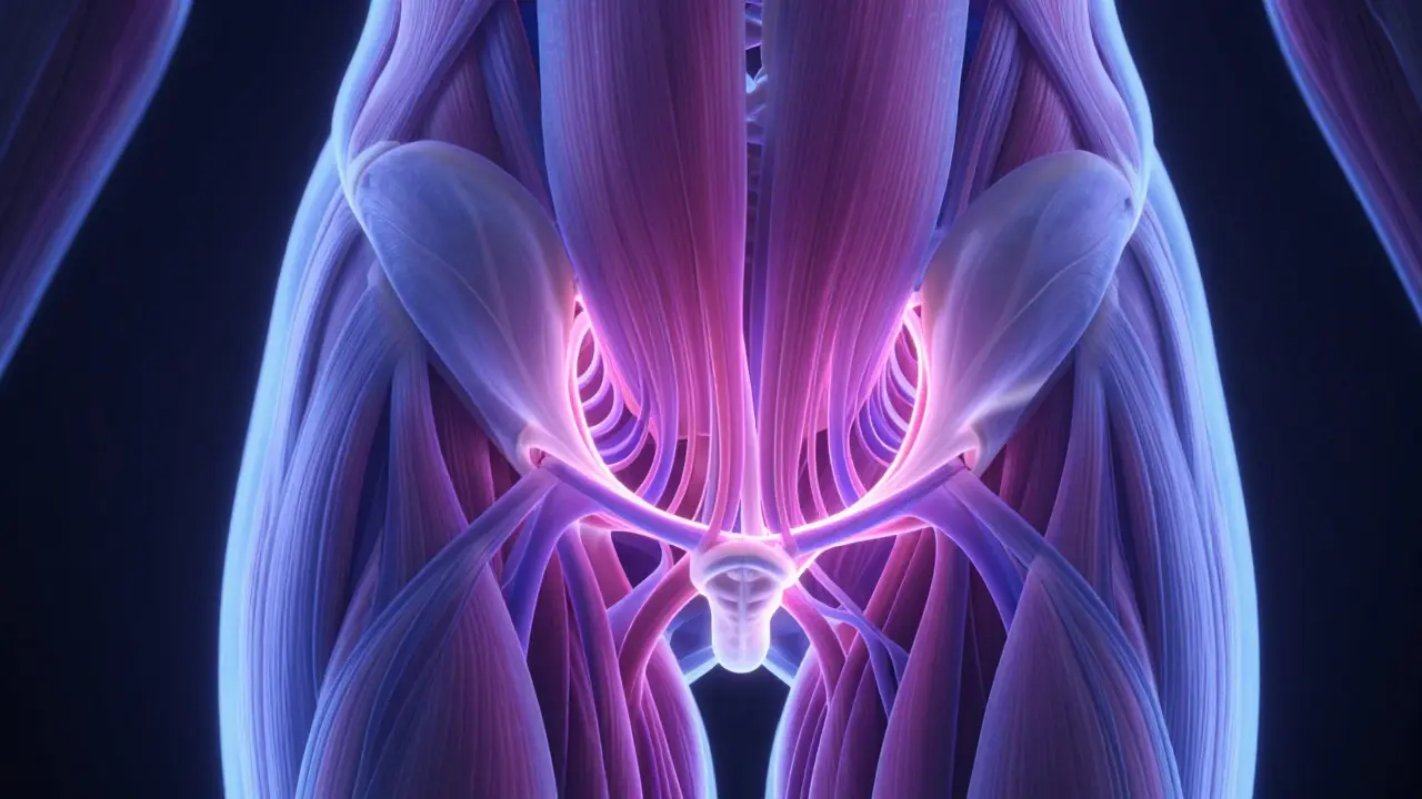Glowing anatomical illustration of pelvic floor muscles contracting in rhythm