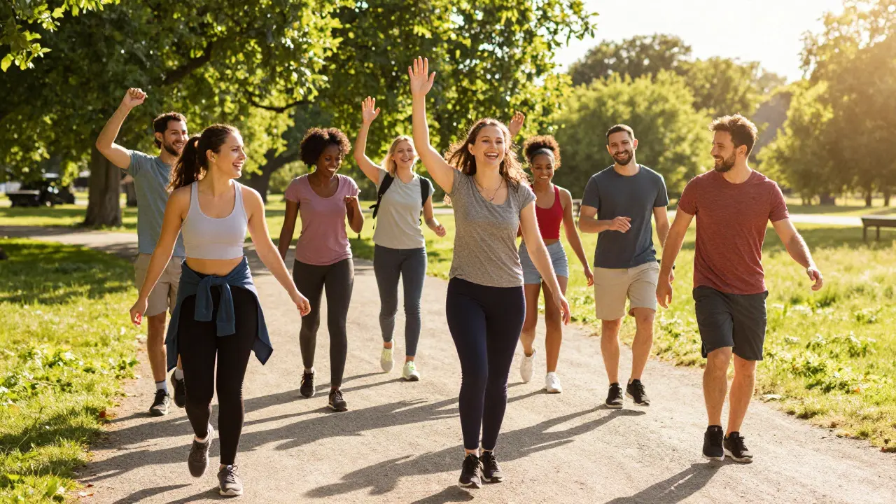 Group of friends enjoying an active outdoor hike together in sunlight