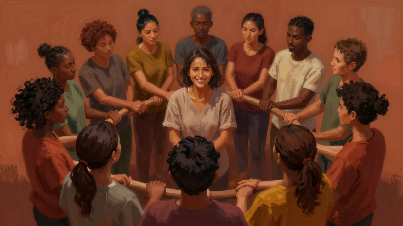 Group of people joining hands in a supportive circle