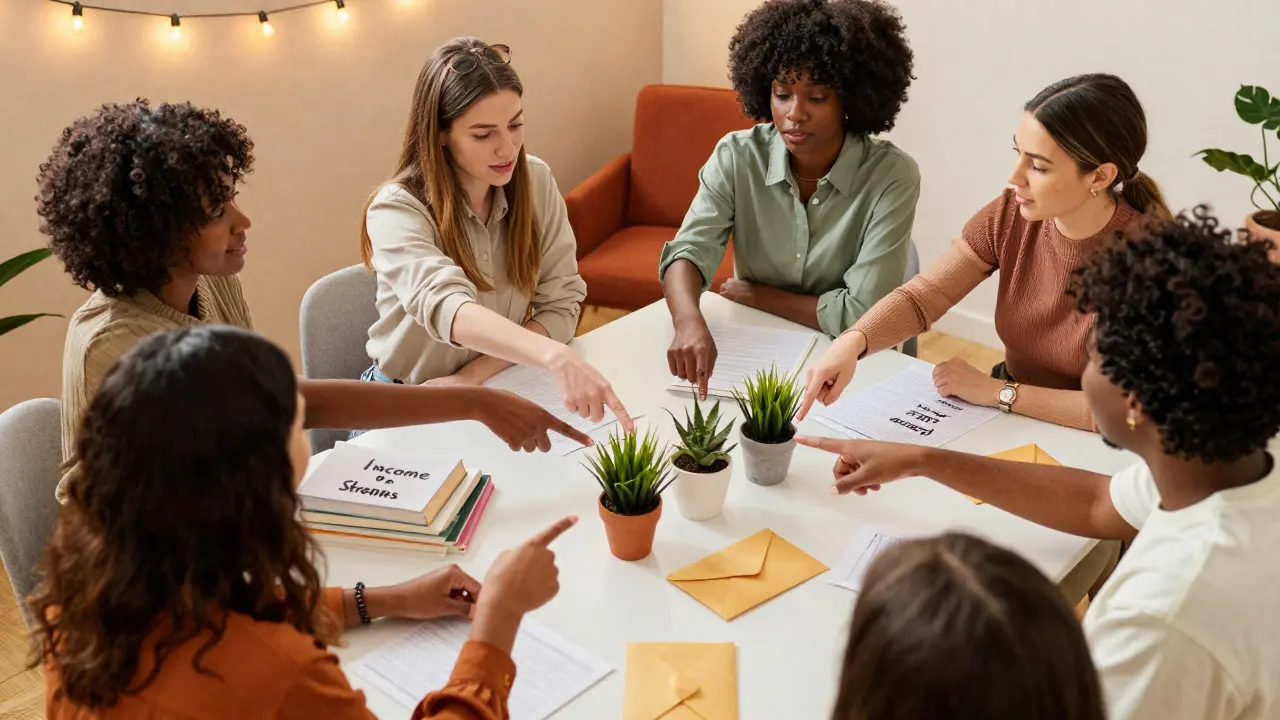 Group of women discussing diverse income streams around a table