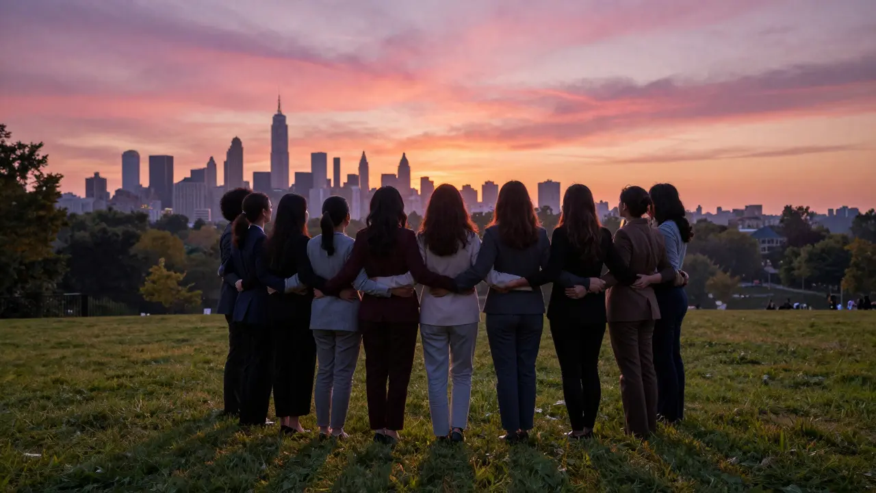 Group of women standing together in a park at sunrise, overlooking a city skyline