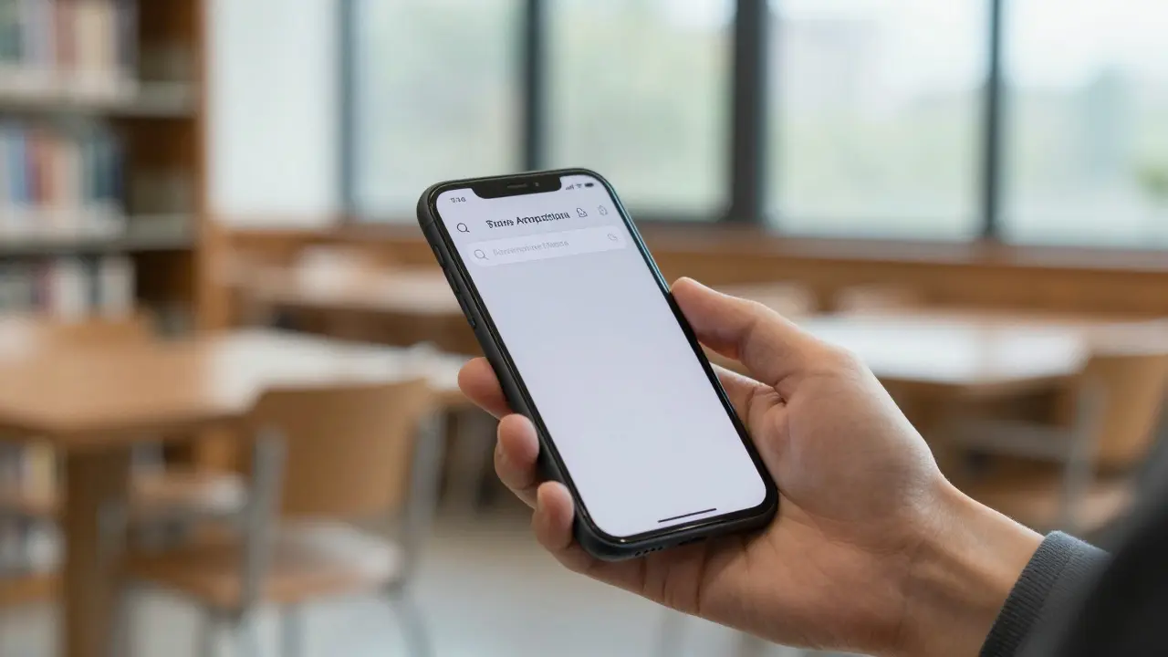 Hand holding a phone in a library, using private browsing mode