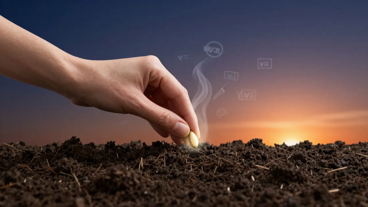 Hand planting a glowing seed in soil with floating light