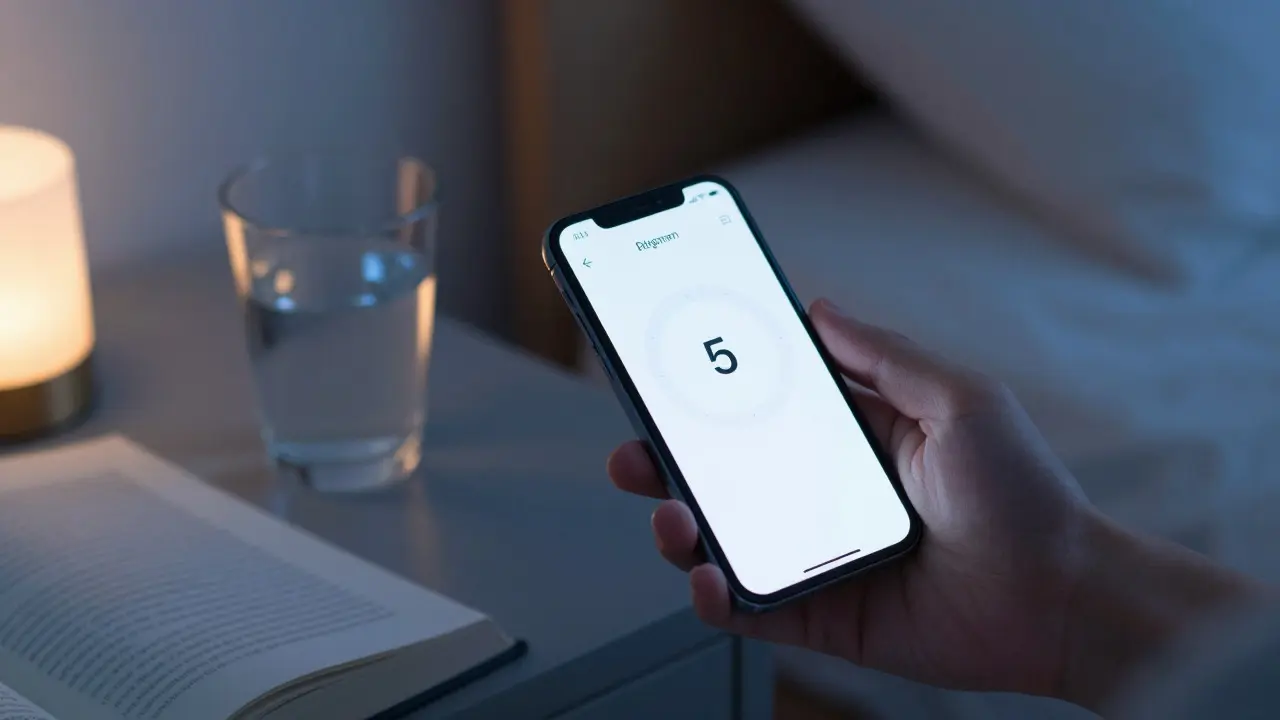 Hand setting a phone timer for five-minute meditation