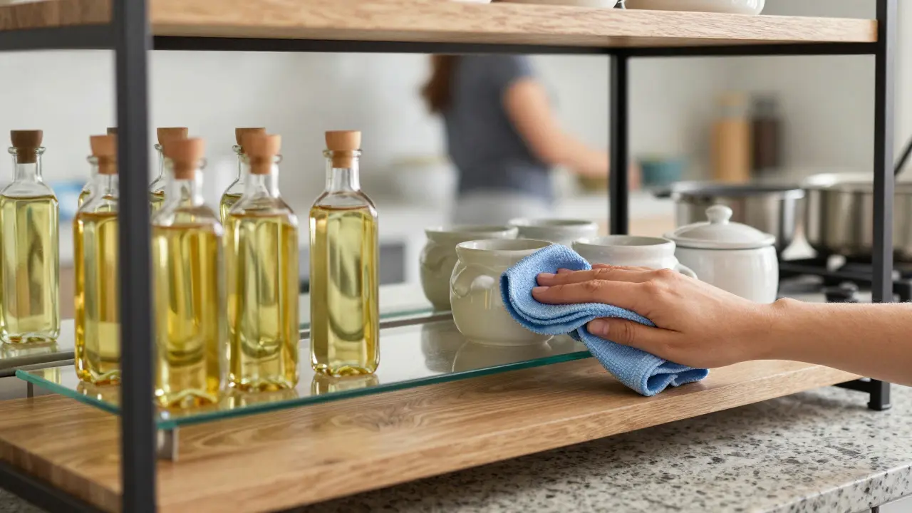 Hand wiping down a clean glass shelf with neatly arranged bottles